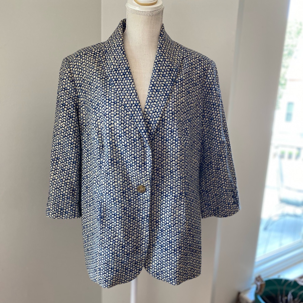 Coldwater Creek Blue Natural Block Print Blazer W Lower Sleeve Lacing Detail